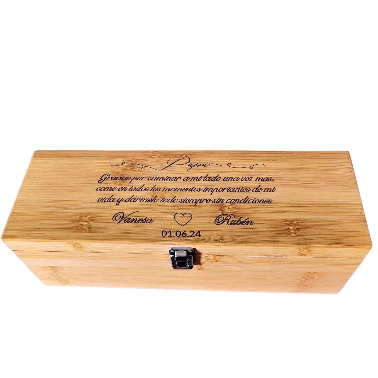 Caja de vino bambú personalizada con accesorios